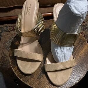 Glaze Beige Suede and Gold Metallic Strap Slide Mules